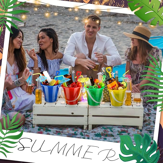 Meekoo 12 Pcs Plastic Rum Buckets for Drinks with 40 Colorful Straws Portable Cocktail Buckets Ice Cream Buckets with Handles Reusable Smoothie Bucket for Summer Bar Kitchen Multifunctional Punch Bowl