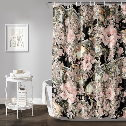 AILONEN Sugar Skull Shower Curtain for Bathroom,Romantic Rose Flower Bath Curtain for Girls Women,Money Skull Skeleton Print Waterproof Curtain with 12 Plastic Hooks, 72" W*96" H