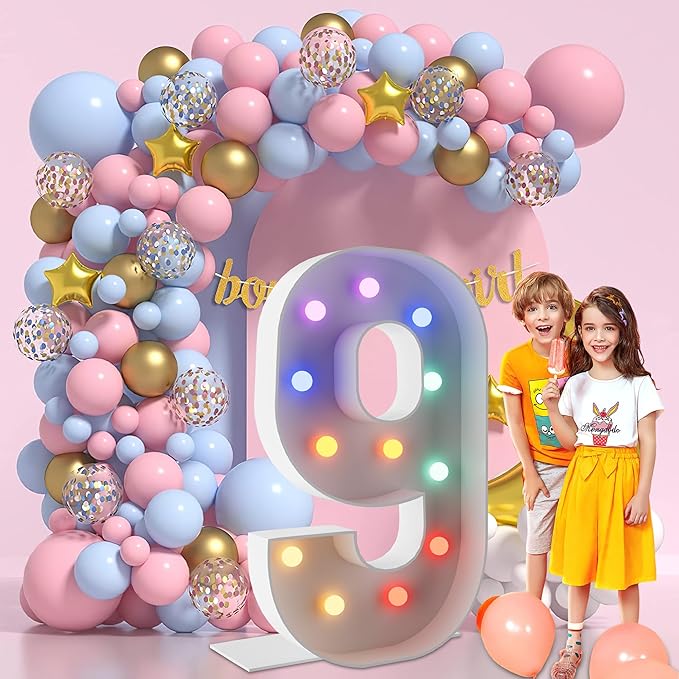 4FT Marquee Light Up Numbers Marquee Numbers 9, Multiple Color Options Including Cool White, Pink, Blue, & Colorful, NO Glue Gun Needed