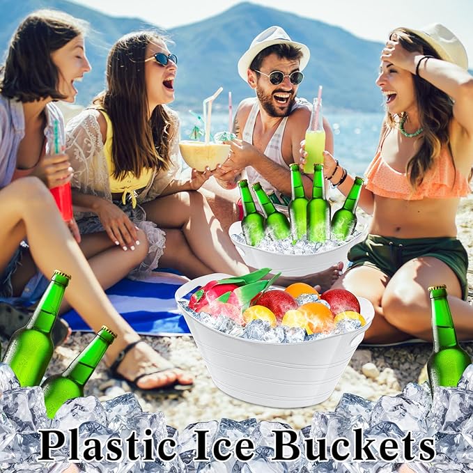 24 Pcs White Oval Storage Tub with Handles, 4.5L Plastic Ice Bucket Wine Beer Champagne Bottle Drink Cooler Tub for Parties Beverage, Storage Basket