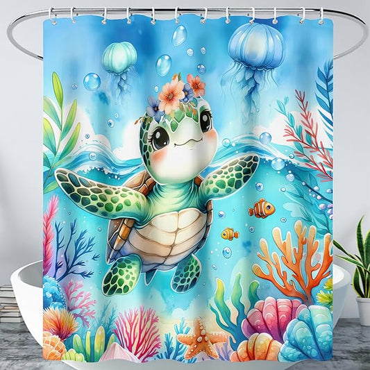 AILONEN Sea Turtle Shower Curtain for Bathroom,Cute Ocean Turtle Shower Curtain with 12 Plastic Hooks,Colorful Coral Jellyfish Print Bath Curtain Polyester Waterproof 36" W*72" H