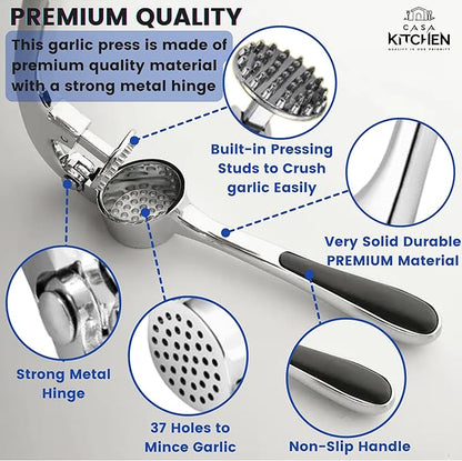 Premium Garlic Press, Heavy Duty Garlic Mincer Tool, Easily Crush Garlic, Ginger, Nuts, Seeds, Ergonomic Handle Garlic Press Stainless Steel, Garlic Masher, Silicone Peeler & Brush, Kitchen Gadgets
