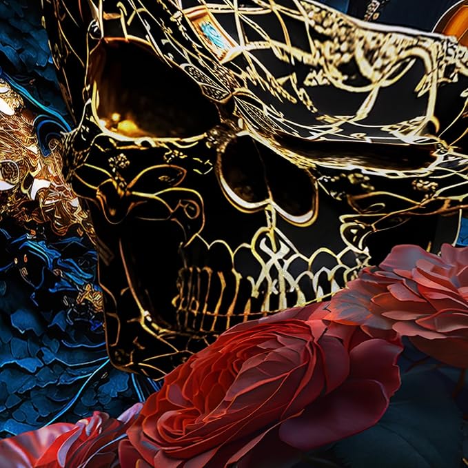 AILONEN 3D Skull Shower Curtain,Oil Ren Rose with Gold Skull Skeleton Design Shower Curtain Set with Hooks for Boys Girls Teens,Gothic Skull Waterproof Fabric Shower Curtain for Bathroom,72" W*72" H