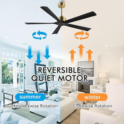 60 Inch Modern Ceiling Fan without Light, 5 Solid Wood Blades 6-Speed Noiseless Reversible DC Motor, Ceiling Fan with Remote Control for Bedroom Living Room, Gold Finish with Black Blades