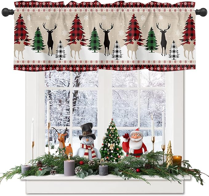 Farmhouse Christmas Valance Kitchen Curtains for Windows, Rustic Plaid Christmas Tree Snowflakes Rod Pocket Window Treatments Red Green Black Short Curtains For Bedroom/ Living Room,54" X 18" -1 Panel