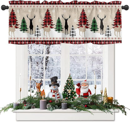 Farmhouse Christmas Valance Kitchen Curtains for Windows, Rustic Plaid Christmas Tree Snowflakes Rod Pocket Window Treatments Red Green Black Short Curtains For Bedroom/ Living Room,54" X 18" -1 Panel