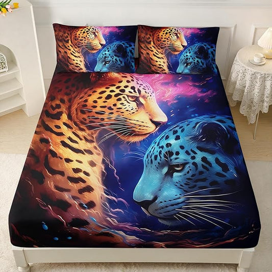 AILONEN Leopard Print Fitted Sheet Set Twin Size,Safari Wildlife Cheetah Bed Sheet Set Twin Size for Boys Kids,3 Pieces Animal Leopard Twin Fitted Sheet with 2 Pillowcases Decor