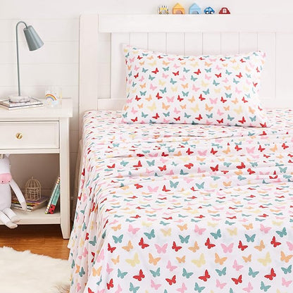 Amazon Basics Kid's Butterfly Friends Soft Easy-Wash Microfiber 3-Piece Sheet Set, Twin, Multi-Color Butterflies, Printed