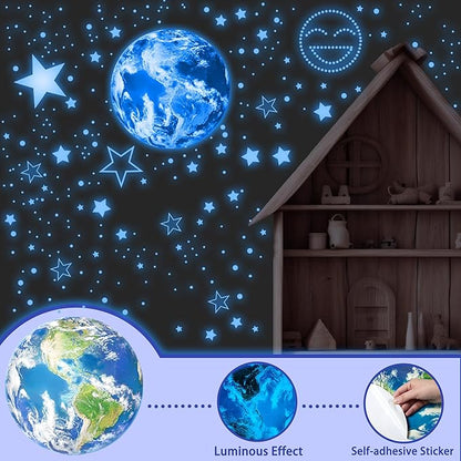 965 PCS Glow in The Dark Stars and Earth for Ceiling, Luminous Stars and Planet Wall Decals, Kids Room Decor, Glowing Galaxy Wall Stickers for Nursery Decorations (Blue)