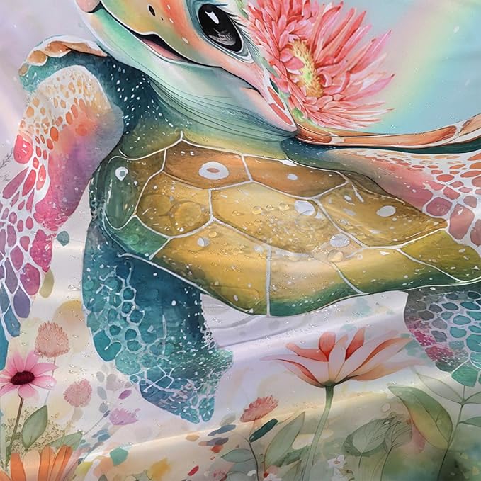AILONEN Kawaii Sea Turtle Shower Curtain,Tie Die Ocean Animal Themed Bath Curtain Cloth Fabric Bathroom 48" W*72" H Inch,12 Pack Hooks for Kids Child Cute Watercolor Sea Animal Bathroom Curtain
