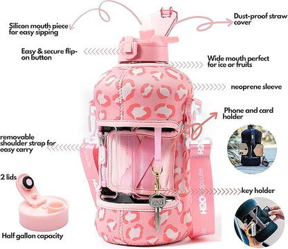 H2O Capsule 2.2L Half Gallon Water Bottle with Storage Sleeve and Covered Straw Lid – BPA Free Large Reusable Drink Container with Handle - Big Sports Jug, 2.2 Liter (74 Ounce)