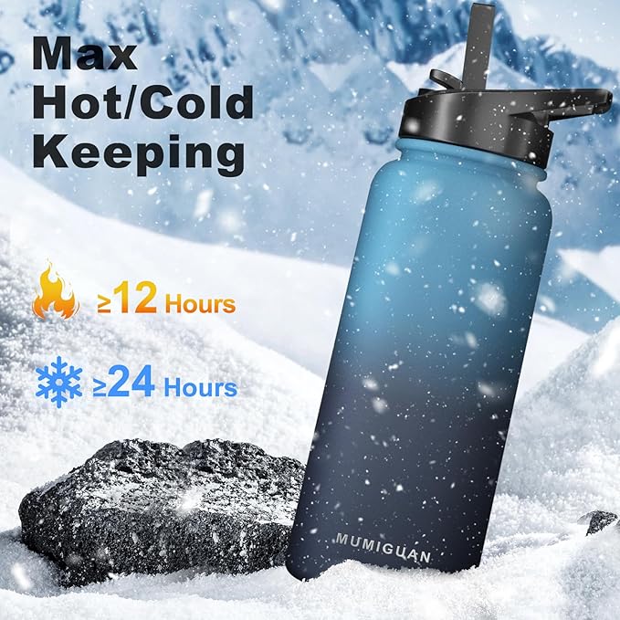 40oz Insulated Water Bottle with 3 Lids(Straw, Hand and Spout Lid), Double Vacuum Stainless Steel Metal Water Flask(BPA-free, CPC) for Sports, Camping, Hiking, Cycling, Fitness and more(Indigo Black)