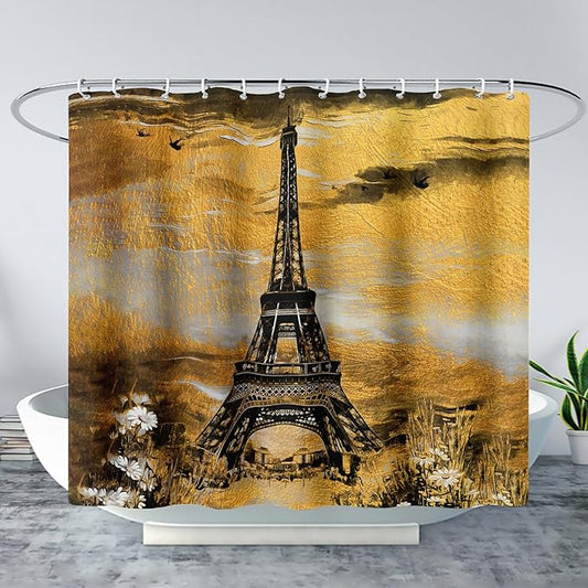 AILONEN Eiffel Tower Shower Curtain,Afterglow Tower Bathroom Fabric Shower Curtain for Boys Kids Teens, 72" W*84" H Vintage Orange & Black Style Paris Tower Bathroom Decor