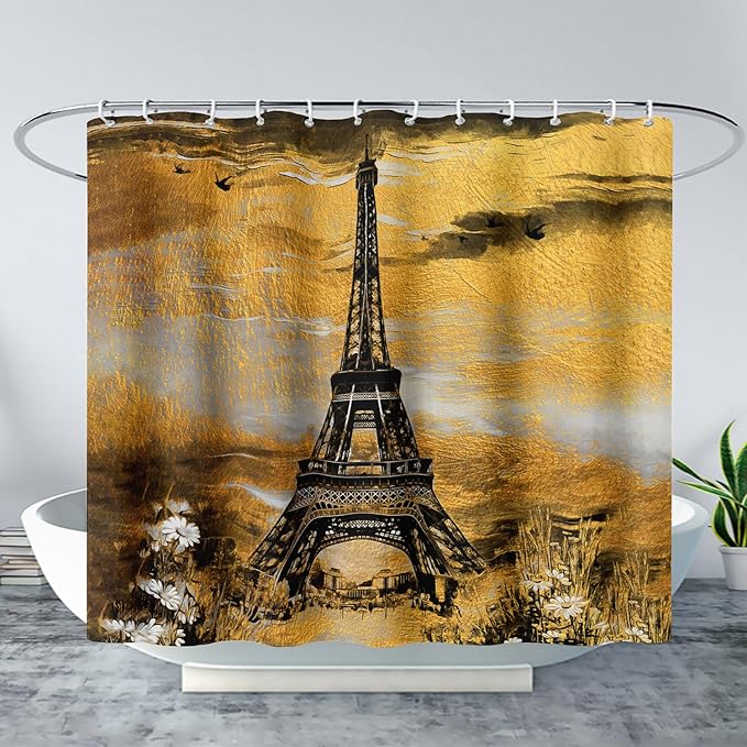 AILONEN Eiffel Tower Shower Curtain,Afterglow Tower Bathroom Fabric Shower Curtain for Boys Kids Teens, 36" W*72" H Vintage Orange & Black Style Paris Tower Bathroom Decor
