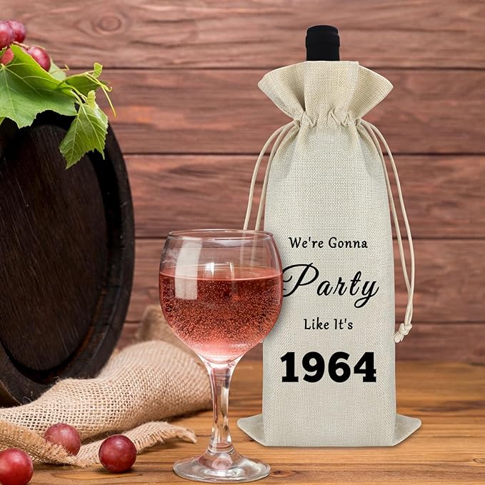 60th Birthday Gift for Women Men Wine Bag 60th Birthday Present Idea for Mom Dad 60 Year Old Turning 60 Gift for Wife Grandma Friend Wine Gift Bag Drawstring Burlap Wine Wrap Bag Birthday Party Decors