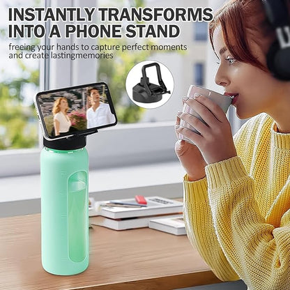 Glass Water Bottles with Straw -24oz- Water Bottle Phone Holder for Gym Sports Water Bottles with Silicone Sleeve Glass Drinking Bottles 2 Lids - Spout & Bamboo Straw Lid(Mint Green)