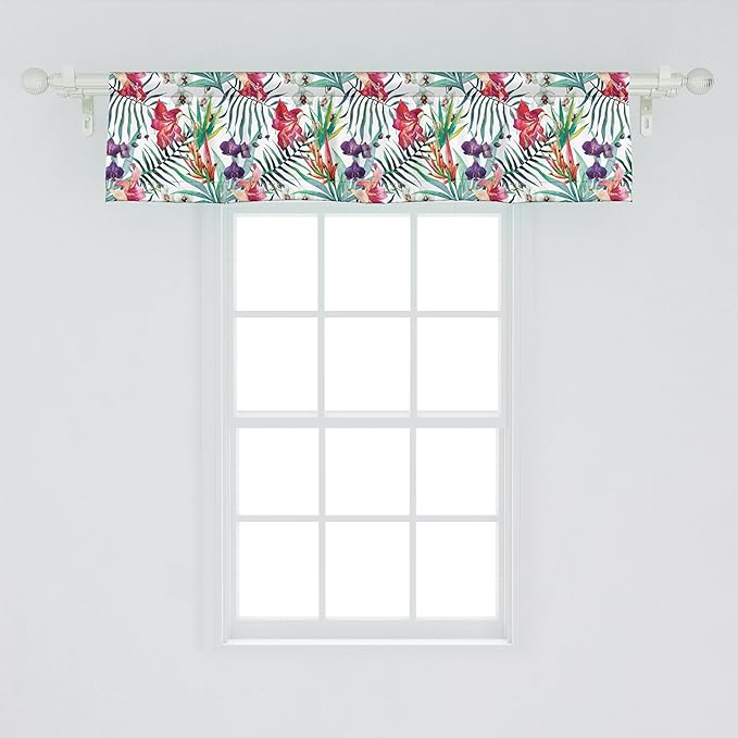 Ambesonne Watercolor Flower Window Valance, Tropical Wild Orchid Flowers with Palm Leaves Print Exotic Style Nature, Curtain Valance for Kitchen Bedroom Decor with Rod Pocket, 42" x 12", Multicolor
