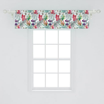 Ambesonne Watercolor Flower Window Valance, Tropical Wild Orchid Flowers with Palm Leaves Print Exotic Style Nature, Curtain Valance for Kitchen Bedroom Decor with Rod Pocket, 42" x 12", Multicolor