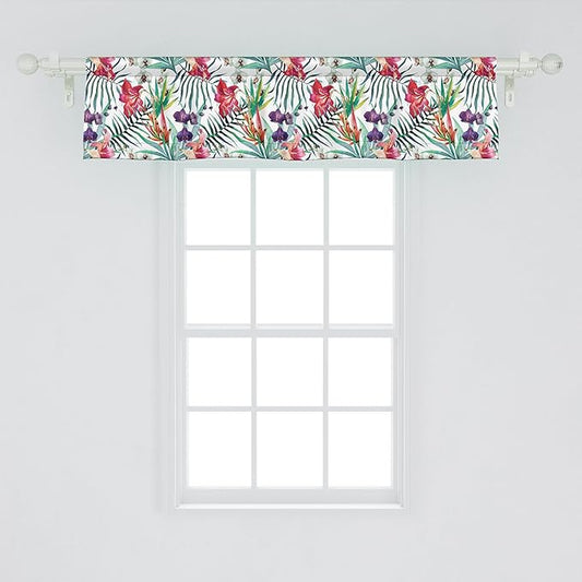 Ambesonne Watercolor Flower Window Valance, Tropical Wild Orchid Flowers with Palm Leaves Print Exotic Style Nature, Curtain Valance for Kitchen Bedroom Decor with Rod Pocket, 42" x 12", Multicolor