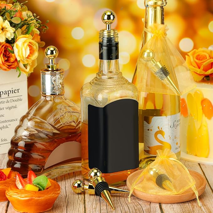 48 Pcs Gold Wine Stoppers Bulk Wine Saver Wedding Party Gifts Favors for Guests Stainless Steel Bottle Stopper Wine Corks Beverage Vacuum Silicone Stopper with Sheer Bags for Wedding Bar