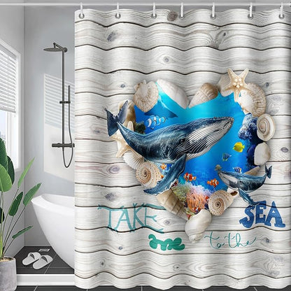 AILONEN 3D Printed Whale Shower Curtain, Ocean Sea Animal Wooden Style Bathroom Curtain,Shell Coast Whale Bath Curtain,72" W*78" H Polyester Waterproof Bathroom Curtain with 12 Hooks