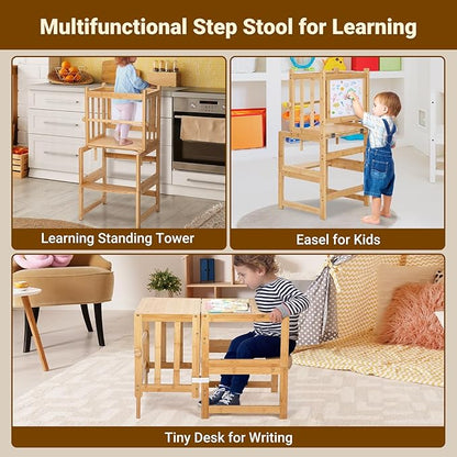 COSYLAND 3-in-1 Multifunctional Toddler Standing Tower, Kids Kitchen Step Stool with Whiteboard, Desk Table and Chair, Enjoys Unique Patented Design,FSC,CPC,SOR,CE Natural