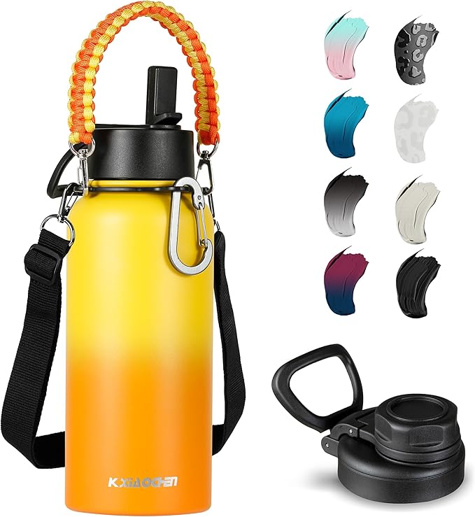 32 oz Insulated Water Bottle with Paracord Handles & Strap, 2 Lids(Straw Lid&Spout Lid), Stainless Steel Reusable Wide Mouth Metal Water Bottle With Straw, Double Walled, Thermo Mug（Mango Yellow)