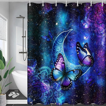 AILONEN Butterfly Shower Curtain, Mystic Moon Cloth Bath Curtain Set for Teen Adults Bathroom,Beautiful Purple Butterfly Starry Night Shower Curtain Liner,72" W*78" H
