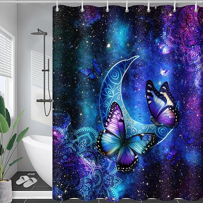 AILONEN Butterfly Shower Curtain, Mystic Moon Cloth Bath Curtain Set for Teen Adults Bathroom,Beautiful Purple Butterfly Starry Night Shower Curtain Liner,72" W*72" H
