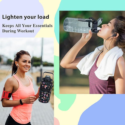 64 oz Water Bottle with Straw Sleeve & Strap Motivational Half Gallon Water Jug with Handle for Gym Women Men Aesthetic Water Bottle with Strap Black Mushroom