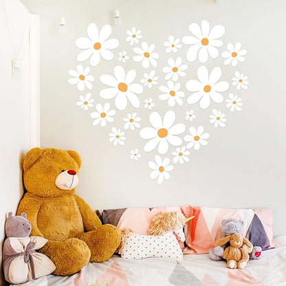 Classic Style Daisy Wall Decal - 12 Sheets of Big White Vinyl Flower Wall Stickers - Daisy Decor Ideal for Kids Girls Nursery, Playroom, Bedroom, and Living Room - Peel and Stick Floral Stickers