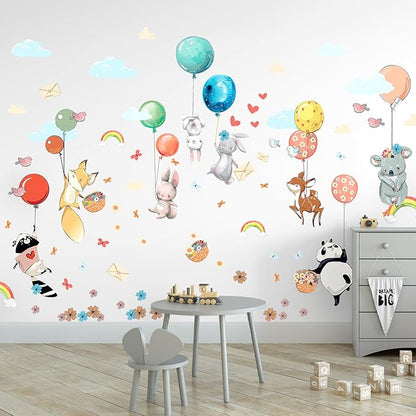 Hot Air Balloon Wall Decals for Kids by Lipastick – 87 pcs Cartoon Animals Wall Decals for Girls Boys Kids Baby - Animal Wall Stickers for Nursery Room Bedroom - Raccoon Fox Koala Panda M Size