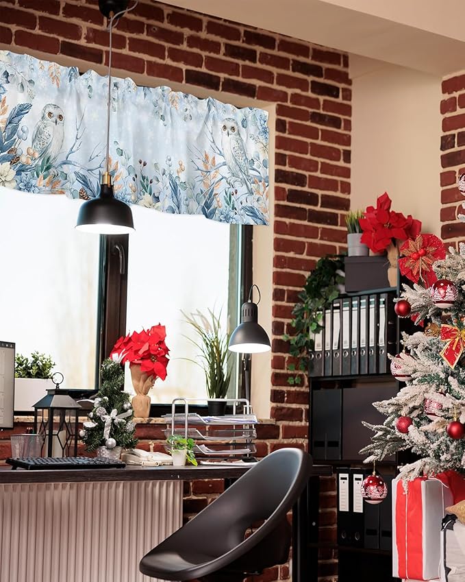 Blue Christmas Valance Curtains for Kitchen Windows Winter Snowy Owl Poinsettia Eucalyptus Leaves Rod Pocket Window Treatment Toppers for Kitchen/Living Room/Bedroom/Bathroom, 54" X 18",