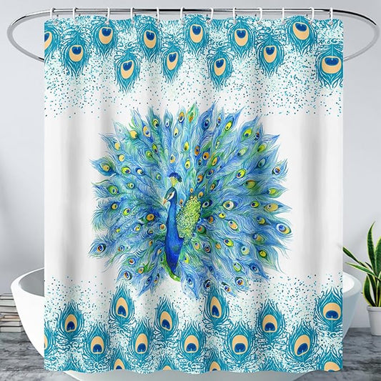 AILONEN Peacock Shower Curtain for Girls,Beautiful Green Peacock Bath Curtain for Kids Women,Peacock Feather Print Waterproof Shower Curtain for Bathroom Decor with 12 Plastic Hooks, 72" W*78" H