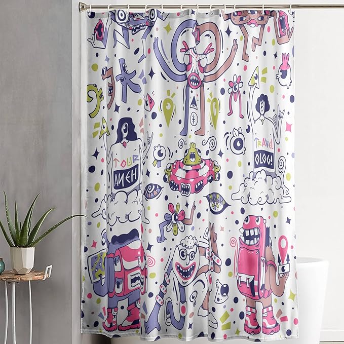 AILONEN Alien Shower Curtain,Spaceship Universe Theme Waterproof Fabric Shower Curtain Sets, 36" W*72" H Monster Robot Bathroom Decor for Boys Teens Kids