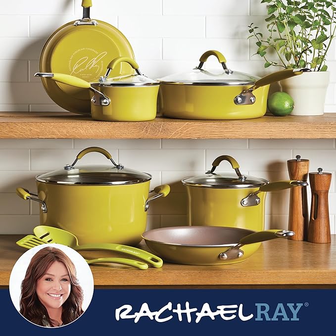Rachael Ray Cucina Nonstick Cookware Pots and Pans Set, 12 Piece, Lemongrass Green