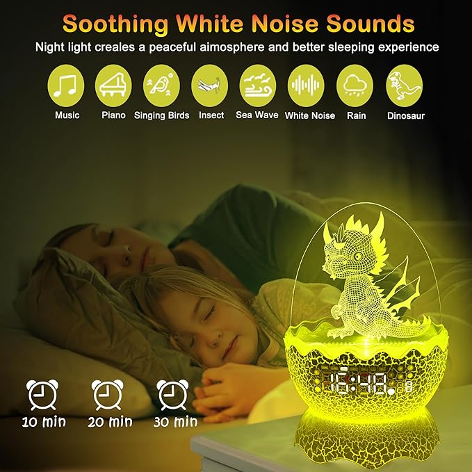 Dragon Egg Night Light with Digital Clock/Alarm Clock/Lullaby White Noise/Bluetooth Speaker, Dragon Egg Decor with Remote Control 16 Colors & Sleep Timer, Dragon Gifts for Kids/Adult