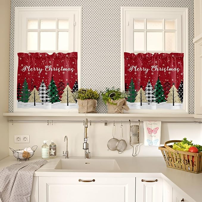 Red Merry Christmas Kitchen Curtains and Valances Set, Green Christmas Tree Windows Treatments Tiers Half/Short Curtains for Small Windows Cafe /Living Room/ Bedroom 54x24 in White Snow Forest Winter