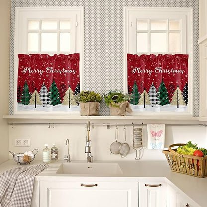 Red Merry Christmas Kitchen Curtains and Valances Set, Green Christmas Tree Windows Treatments Tiers Half/Short Curtains for Small Windows Cafe /Living Room/ Bedroom 54x36 in White Snow Forest Winter