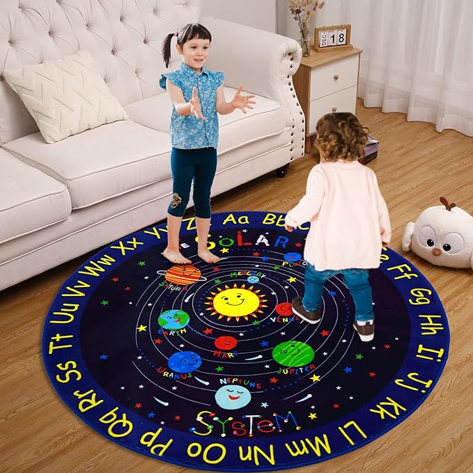 Baby Play Mat Solar System Learning Rug Kids Rug ABC Alphabet Educational Area Rugs for Classroom Kids Room Baby Playroom Mat Kids Foam Rug Playtime Activity Mat for Toddler 4 x 4