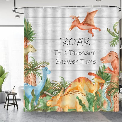 Aimego Cartoon Dinosaur Shower Curtain Yellow Cute Dino Animal Park Pattern Kids Shower Curtain Set with 12 Hooks for Bathroom Decor Accessories Bathtub Curtain, 72"x72"