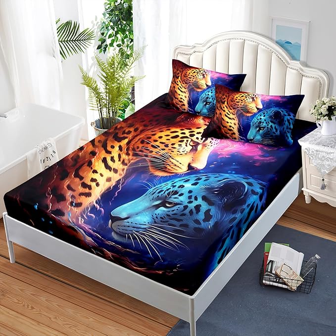 AILONEN Leopard Print Fitted Sheet Set Full Size,Safari Wildlife Cheetah Bed Sheet Set Full Size for Boys Kids,3 Pieces Animal Leopard Full Fitted Sheet with 2 Pillowcases Decor