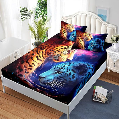AILONEN Leopard Print Fitted Sheet Set Twin Size,Safari Wildlife Cheetah Bed Sheet Set Twin Size for Boys Kids,3 Pieces Animal Leopard Twin Fitted Sheet with 2 Pillowcases Decor