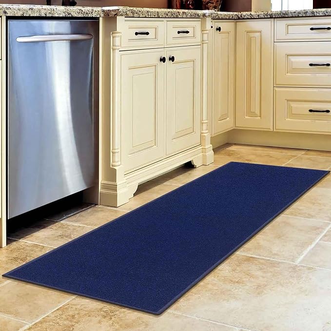Machine Washable Modern Solid Design Non-Slip Rubberback 2x5 Traditional Runner Rug for Hallway, Kitchen, Bedroom, Entryway, 20" x 59", Navy
