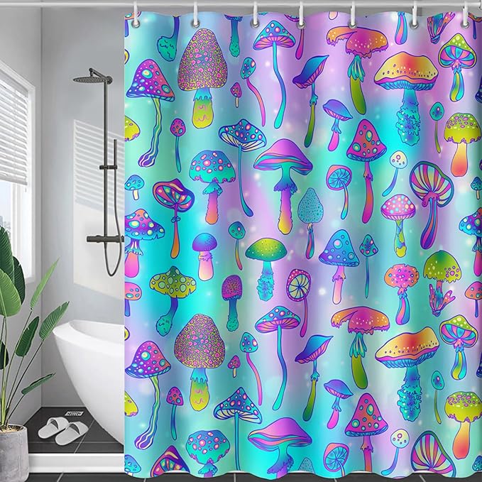 AILONEN Mushroom Shower Curtain for Bathroom,Blue Purple Mushroom Bath Curtain,Cute Cartoon Magic Fungus Decor Bathroom Curtain with 12 Plastic Hooks, 72" W x 84" H