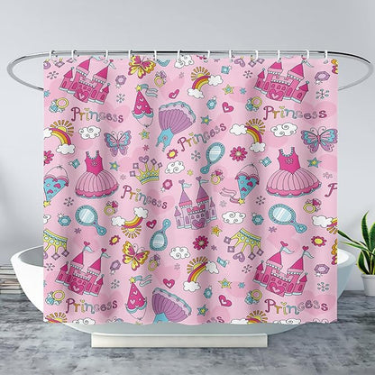 AILONEN Princess Dress Shower Curtain,Cartoon Sparkling Star Diamond Waterproof Shower Curtain Set for Girls Kids Teens, 60" W*72" H Pink Castle Jewelry Shower Curtain for Bathroom