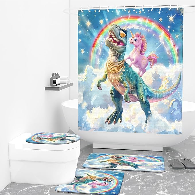 4PCS Dinosaur Shower Curtain Set with 12 Hooks for Bathroom Sets Dinosaur Decor, Non-Slip Rugs and Toilet Mat Lid Rug, Durable Waterproof for Bathroom Funny Cartoon Dinosaur Decor 72x72 Inch