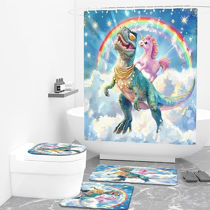 4PCS Dinosaur Shower Curtain Set with 12 Hooks for Bathroom Sets Dinosaur Decor, Non-Slip Rugs and Toilet Mat Lid Rug, Durable Waterproof for Bathroom Funny Cartoon Dinosaur Decor 72x72 Inch