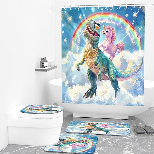 4PCS Dinosaur Shower Curtain Set with 12 Hooks for Bathroom Sets Dinosaur Decor, Non-Slip Rugs and Toilet Mat Lid Rug, Durable Waterproof for Bathroom Funny Cartoon Dinosaur Decor 72x72 Inch