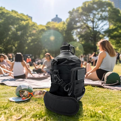 1 Gallon Water Bottle Insulated - 84 Oz Stainless Steel Metal Water Jug with Holder - | Carrying Bag | Spout Handle | Straw Lids | Keep Cold & Hot | - Black Tactical Flask